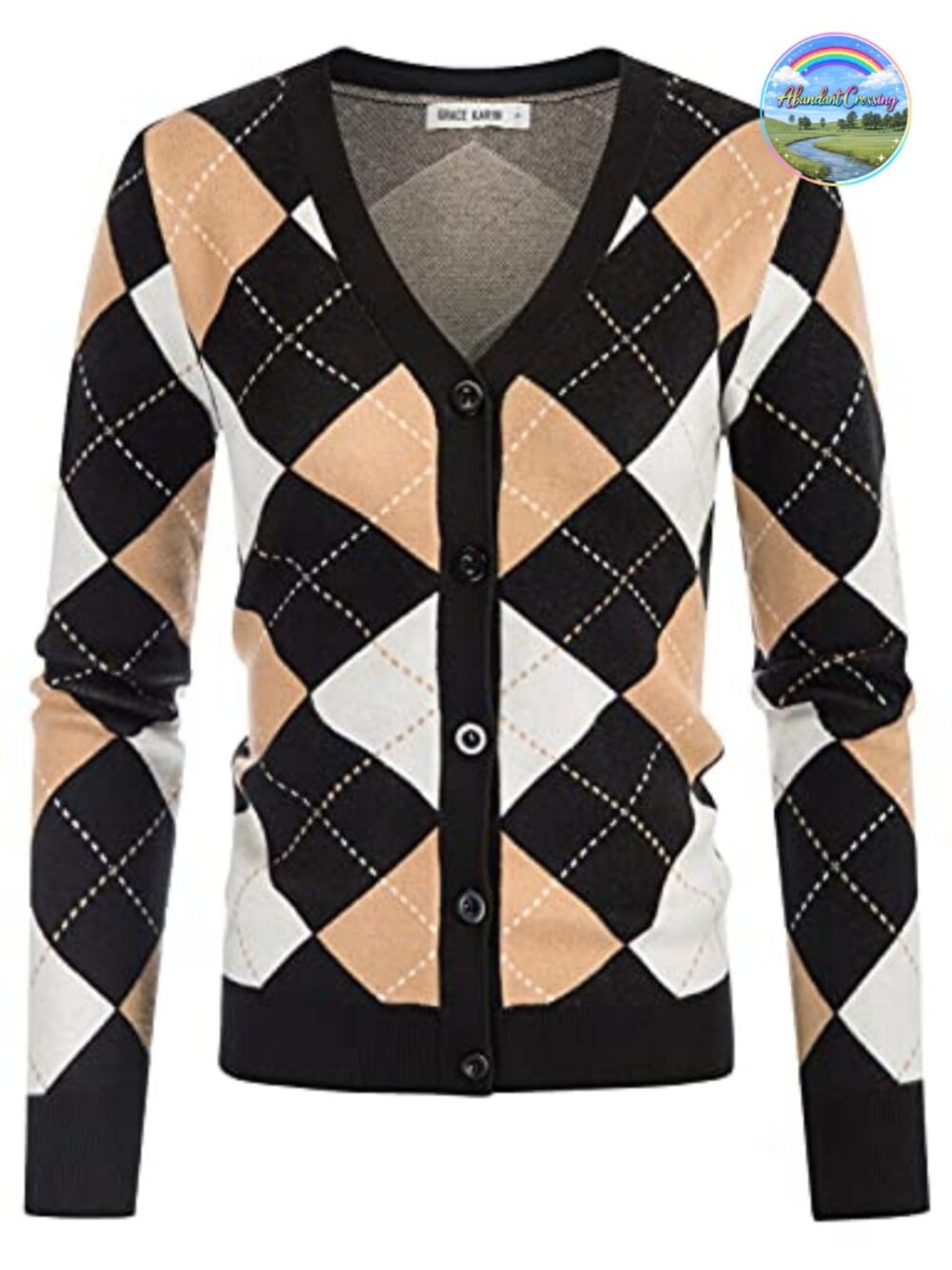 Argyle Cardigan Sweater Button Down V-Neck Preppy Knit